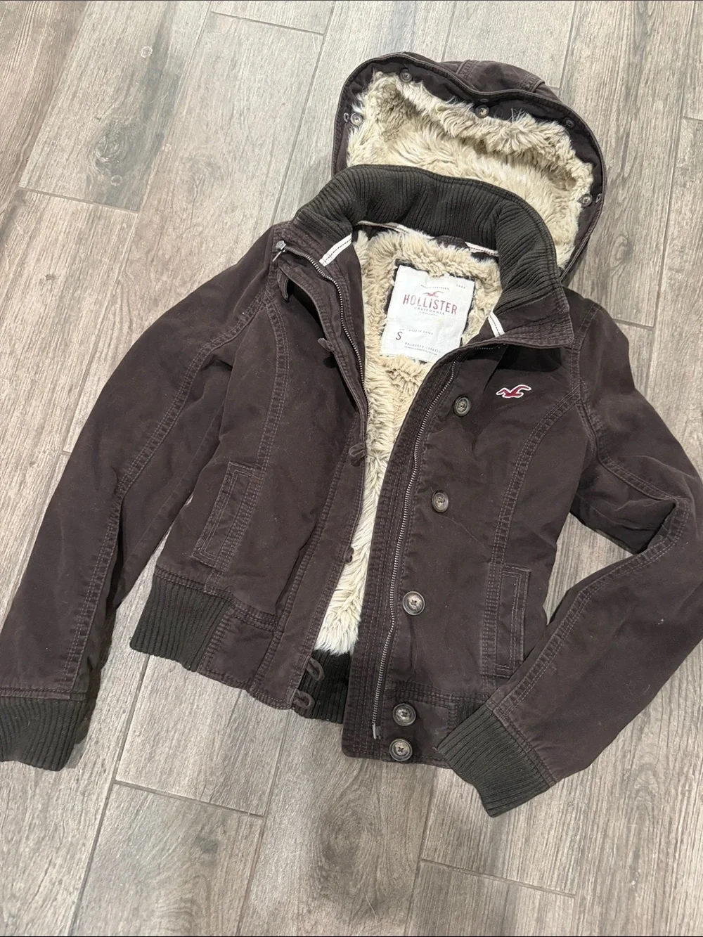 Vintage Y2K Hollister Brown Hooded Bomber Jacket with Sherpa Lining